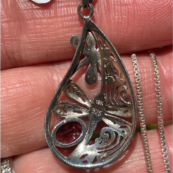 SS/18K Gold Bali garnet pendant necklace - Picture 3 of 9